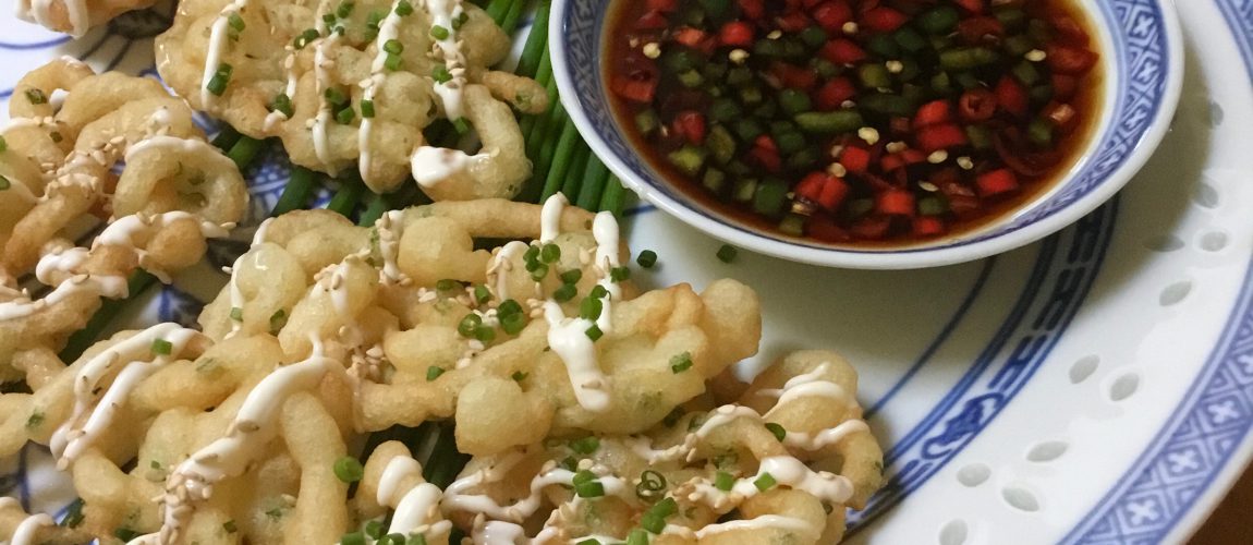 Chive Funnel Cakes with Chili Padi Sauce